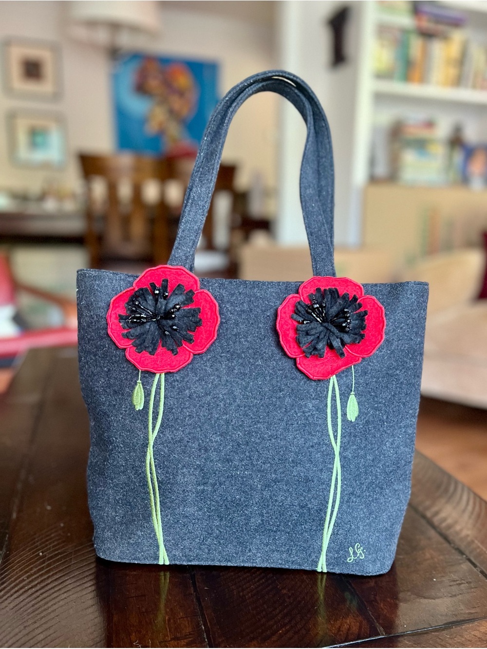 Lulu Guinness London Wool Felt Poppy Tote Bag Black Red Floral